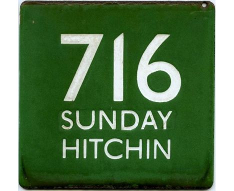 London Transport enamel coach stop E-PLATE for route 716 destinated Sunday Hitchin. This is believed to have been located on 