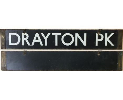 London Underground 1938 Tube Stock enamel DESTINATION PLATE for Drayton Park on the Northern Line, City section. Reverse is b