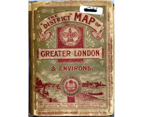 District Railway MAP OF GREATER LONDON & ENVIRONS, 1st edition dated 1902. A large-scale, fold-out map, paper on canvas insid