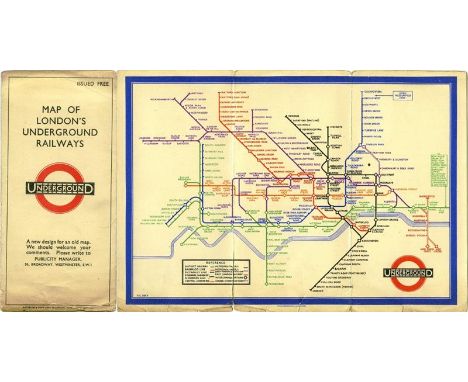 First edition of the Harry Beck London Underground diagrammatic, fold-out MAP issued in January 1933 with the famous inscript