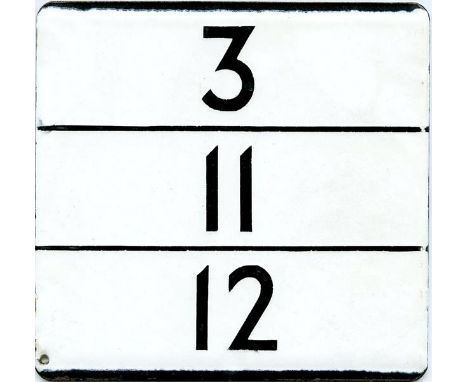 London Transport enamel bus stop E-PLATE for routes 3, 11 and 12. An uncommon variant with 3 services on one plate, needed in