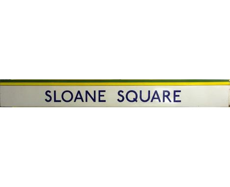 London Underground enamel STATION FRIEZE PANEL from Sloane Square station carrying the colours of the District and Circle Lin
