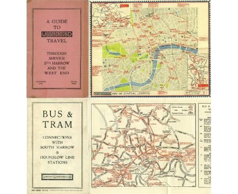 1932 London Underground items comprising a card BOOKLET with fold-out UNDERGROUND MAP of Central London "Guide to Travel - th