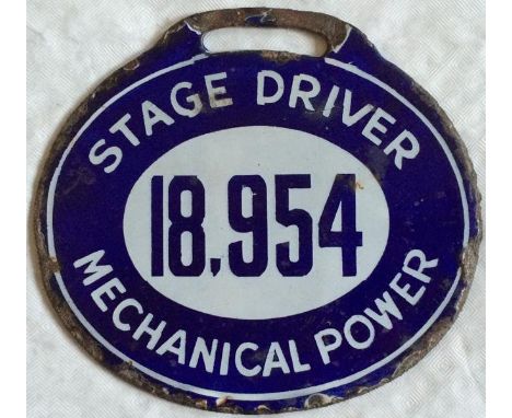 London bus driver's ENAMEL LICENCE BADGE 'STAGE DRIVER MECHANICAL POWER' issued in the first years of the 20th century when d