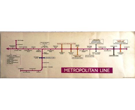 1953 London Underground Metropolitan Line card CAR DIAGRAM showing the lines from Aldgate to Watford, Aylesbury and Uxbridge.