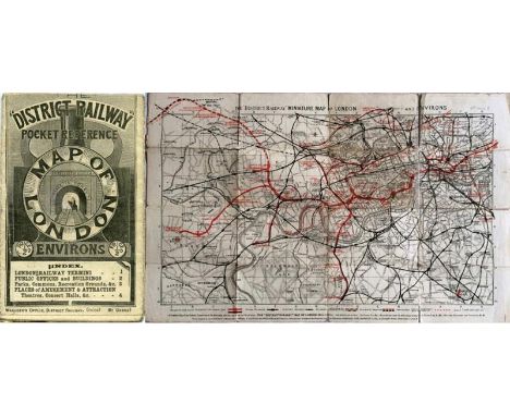 1902 District Railway 'POCKET REFERENCE MAP OF LONDON & ENVIRONS' with cover illustration of steam train in tunnel with motto