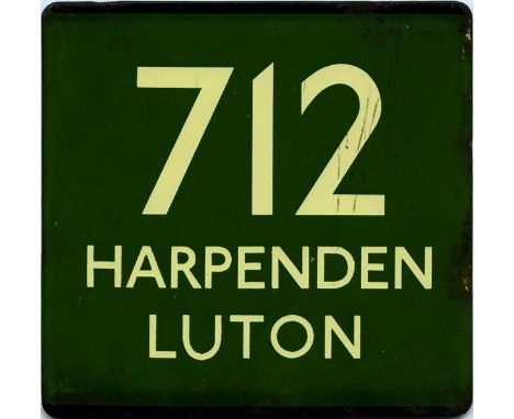 London Transport enamel coach stop E-PLATE for Green Line route 712 destinated Harpenden, Luton. This plate would have been l