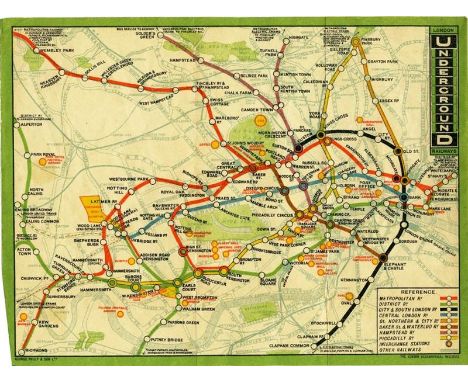 1912 London Underground Railways MAP printed by George Philip & Son Ltd and featuring the vertical UndergrounD logo. This iss