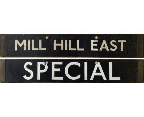 London Underground 1938 Tube Stock enamel DESTINATION PLATE for Mill Hill East (Elstree visible under paper sticker) & Specia