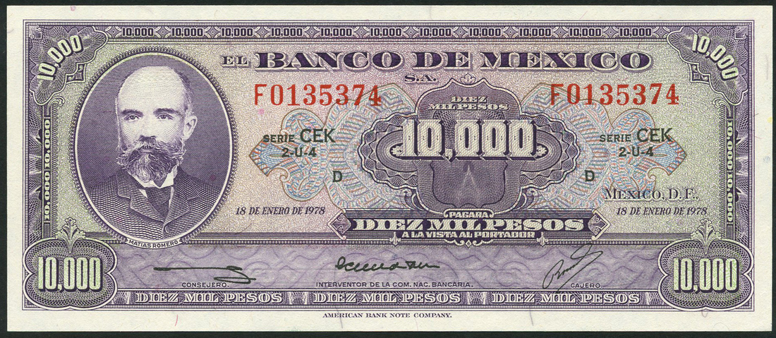 Banco de Mexico, 10,000 pesos, 1978, serial number F 0135374, purple ...