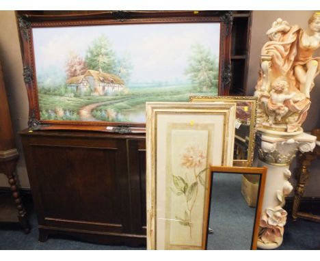 A LARGE VINTAGE OIL ON CANVAS OF A RUSTIC COTTAGE TOGETHER WITH TWO MIRRORS AND A PRINT 
