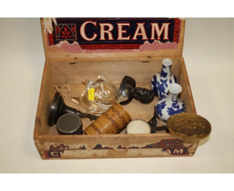 A VINTAGE FRY'S CHOCOLATE BOX CONTAINING COLLECTABLES TO INCLUDE A PAIR OF CHINESE VASES, DOLPHIN SHAPED MINIATURE OIL LAMP E