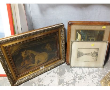 A VINTAGE PRINT OF A HORSE AND FOAL TOGETHER WITH A PAIR OF OAK FRAMED PRINTS ETC