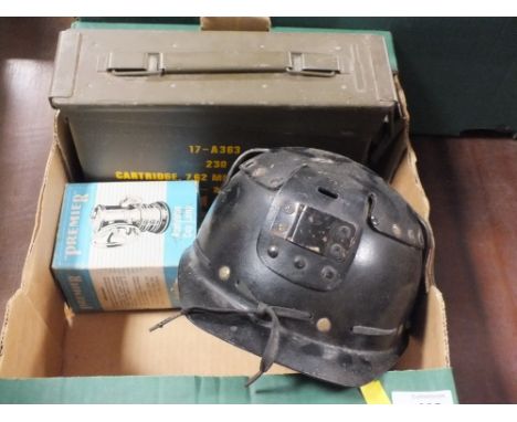A MINORS CAP WITH BOXED CAP LAMP AND A SMALL ARMS CARTRIDGE CRATE