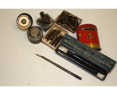 A BAG OF VINTAGE WRITING COLLECTABLES TO INCLUDE AN S MORDAN &amp; CO FOUNTAIN PEN, WATERMANS ETC