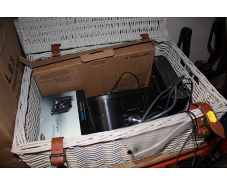 A WICKER BASKET TOGETHER WITH ELECTRICAL ITEMS TO INC A SAMSUNG CAMERA, CHRONOS CD PLAYER ETC