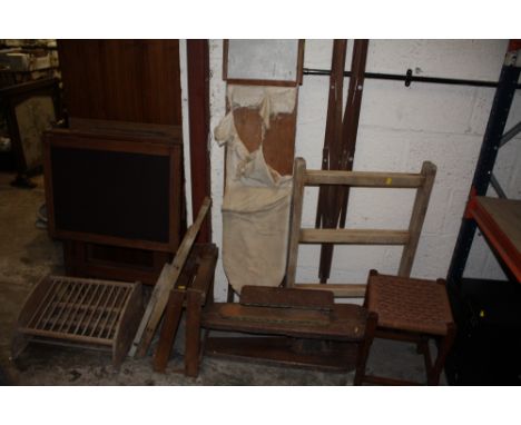 TWO VINTAGE FOLDING DESKS TOGETHER WITH A SELECTION OF VINTAGE WASHING AND IRONING ITEMS