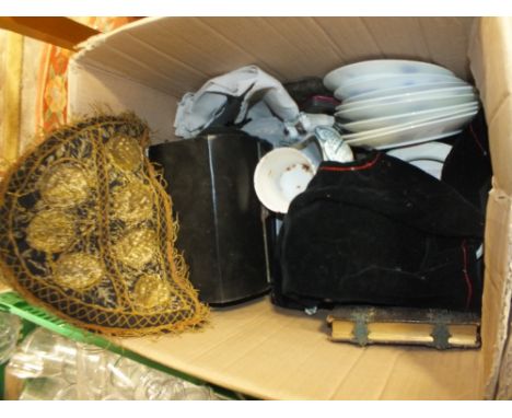 A BOX OF COLLECTABLES TO INCLUDE AN EASTERN STYLE WAISTCOAT, CAMERA ETC