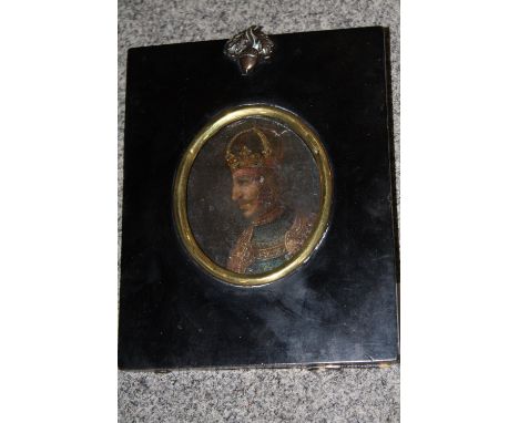 A 19TH CENTURY OVAL PORTRAIT MINIATURE OF AN EASTERN EUROPEAN PRINCE, unsigned, oil on metal, framed and glazed, 7 x 6 cm