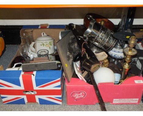 TWO TRAYS OF ASSORTED SUNDRIES TO INCLUDE AN IRISH HUNTING CLUB, SILVER PLATED BOTTLE HOLDER ETC.  