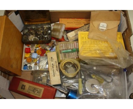 A TRAY OF WATCH PARTS, WATCH MAKERS TOOLS ETC
