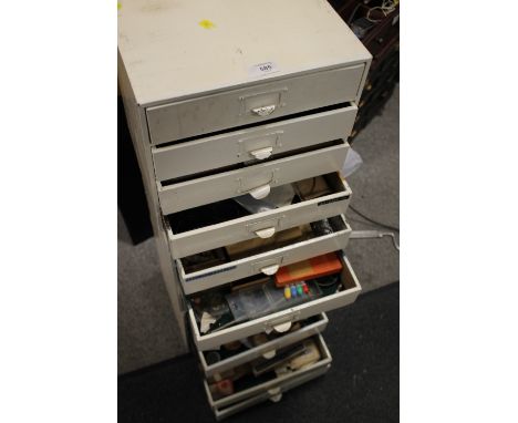 THREE 4 DRAWER WATCH MAKERS CHEST OF DRAWERS CONTAINING CLOCK AND WATCH PARTS, TOOLS ETC