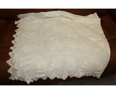 A VINTAGE HANDMADE EMBROIDERED TABLECLOTH - CIRCA WW1 WITH REPRESENTATION OF GB &amp; FRENCH FLAGS