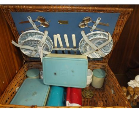 A VINTAGE WICKER BREXTON PICNIC HAMPER AND CONTENTS