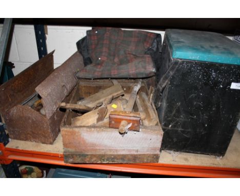 A QUANTITY OF WOOD WORKING TOOLS, FISHING ITEMS ETC