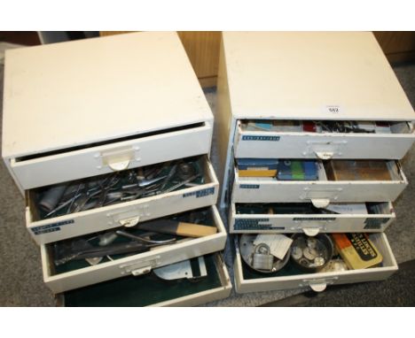 TWO 4 DRAWER WATCH MAKERS CHEST OF DRAWERS CONTAINING WATCH MAKING TOOLS, WATCH PARTS ETC