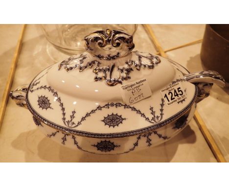 Booths Chippendale pattern blue and white serving dish and ladle. Not available for in-house P&amp;P, contact Paul O'Hea at M