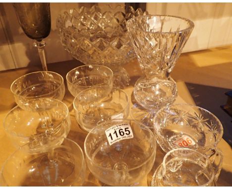 Collection of glassware including a large pressed glass bowl crystal vase, cream/sugar bowl and six vintage coupes. Condition