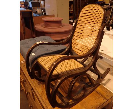 Vintage bentwood wicker seat and back child's rocking chair and an upholstered footstool. Not available for in-house P&amp;P,