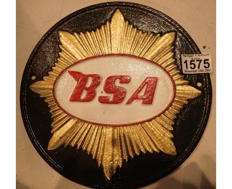 Cast iron green BSA sign, D: 24 cm. P&amp;P Group 1 (£14+VAT for the first lot and £1+VAT for subsequent lots) 