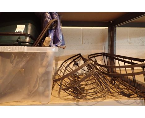 Collection of hanging basket brackets, garden tools, tarpaulin etc. Not available for in-house P&amp;P, contact Paul O'Hea at