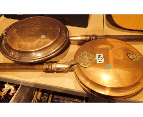 Two vintage copper bed pans. Not available for in-house P&amp;P, contact Paul O'Hea at Mailboxes on 01925 659133 