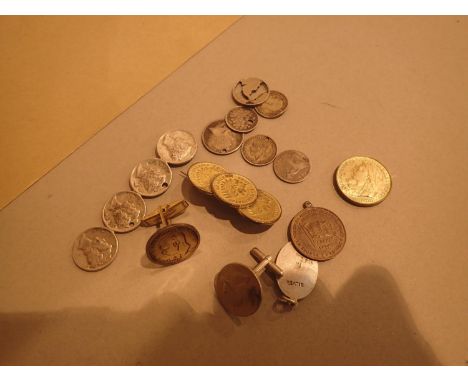 Mixed mounted, cut and holed coins, some made into jewellery, including some silver. P&amp;P Group 1 (£14+VAT for the first l