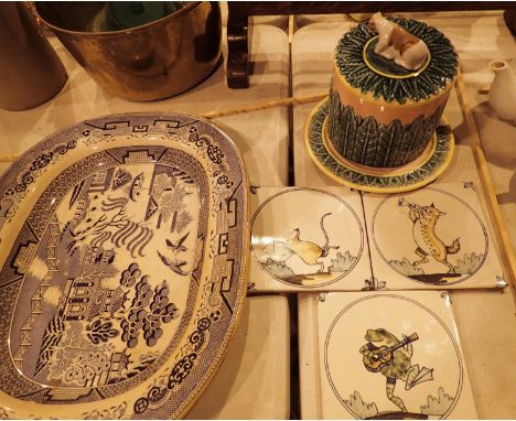Mixed ceramics to include an Oriental meat plate, decorative cheese dish and three ceramic tiles depicting a cat, dog and a f