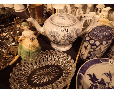 Oversized transfer printed Victorian teapot, a ceramic figurine and a glass fruit bowl. Not available for in-house P&amp;P, c