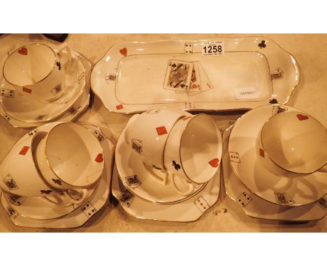 Carltonware playing card tea service for six, lacking one plate. Not available for in-house P&amp;P, contact Paul O'Hea at Ma