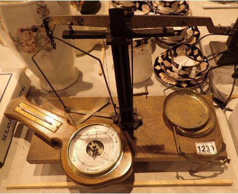 Oak cased barometer and scales. Not available for in-house P&amp;P, contact Paul O'Hea at Mailboxes on 01925 659133 