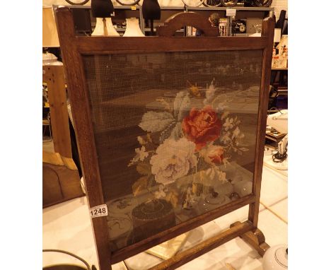 An oak tapestry fire screen H: 76 cm, W: 53 cm and a large brass jam pan and a selection of glassware. Not available for in-h