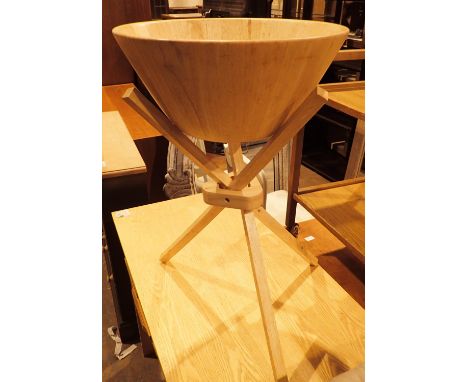 Pine fruit bowl on tripod stand, H: 66 cm. Not available for in-house P&amp;P, contact Paul O'Hea at Mailboxes on 01925 65913