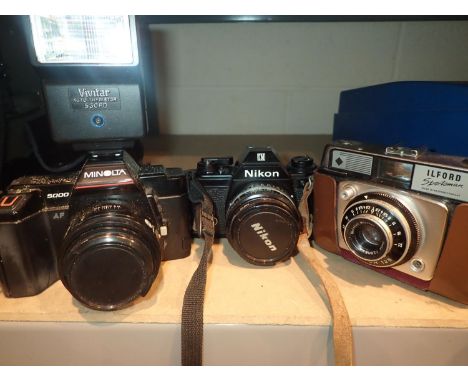 Three vintage film cameras to include a Minolta 5000 Ilford Sportsman and Nikon 0671. Not available for in-house P&amp;P, con