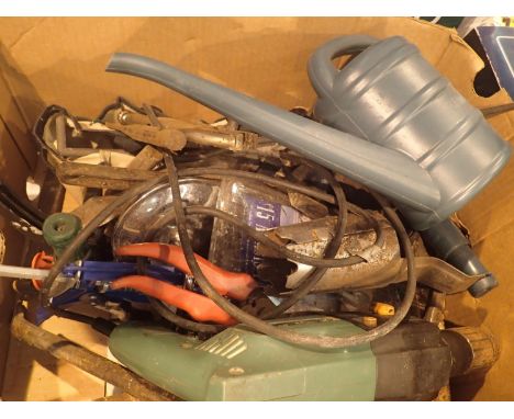 Box of assorted mixed tools to include small garden forks, caulking gun, electric drill etc. Not available for in-house P&amp