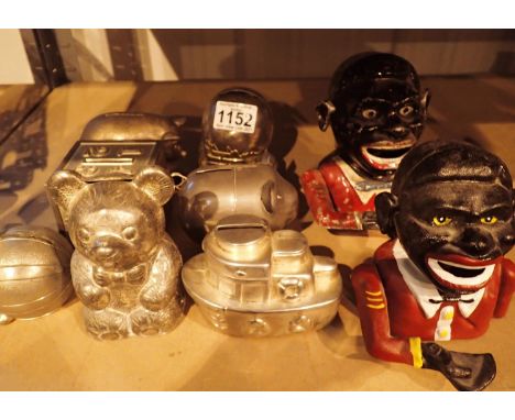 Collection of metal and cast metal vintage money boxes. Not available for in-house P&amp;P, contact Paul O'Hea at Mailboxes o