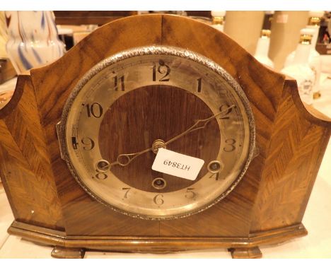 Large walnut cased Westminster chime mantel clock, H: 23 cm W: 32 cm. Not available for in-house P&amp;P, contact Paul O'Hea 