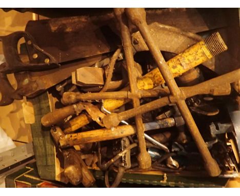 Box of mixed tools to include scythe. Not available for in-house P&amp;P, contact Paul O'Hea at Mailboxes on 01925 659133 