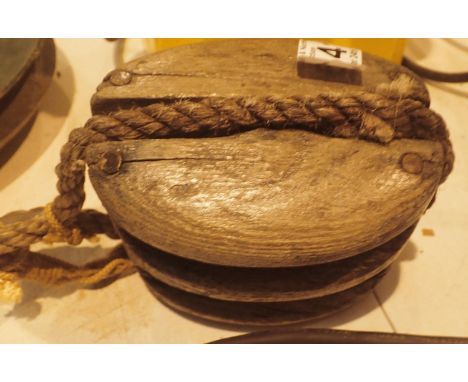 Vintage wooden cased lifting pulley. Not available for in-house P&amp;P, contact Paul O'Hea at Mailboxes on 01925 659133 