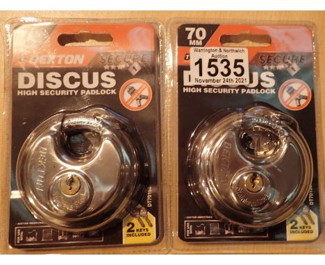 Two new Discus high security padlocks. P&amp;P Group 1 (£14+VAT for the first lot and £1+VAT for subsequent lots) 